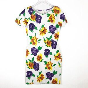 Outlander Floral Mini Dress Women's Size S White Multi Ribbed Knit Bodycon